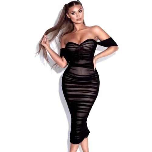 2020 Autumn Mesh Bodycon Dress Backless Double Layer Sexy Dresses Elegant Office Off The Shoulder Club Night Party Dresses