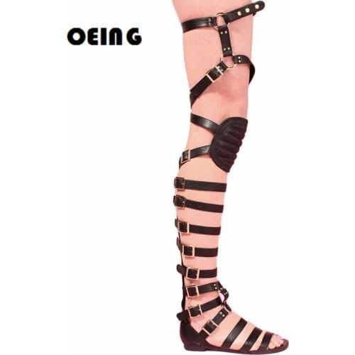 Woman Gladiator Roman Sandals Black Gold Leather Buckle Straps Over The Knee Boots Casual Beach Outdoor Shoes Botas De Mujer