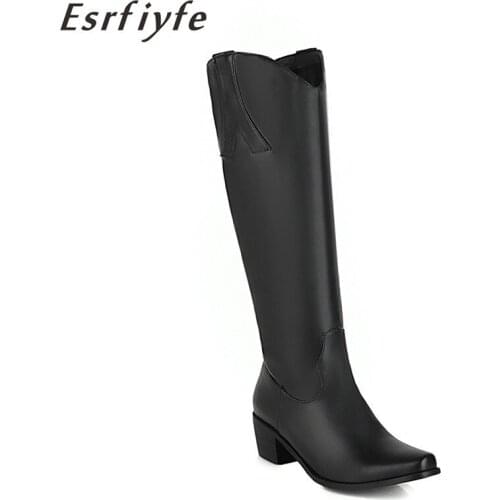 ESRFIYFE 2020 Hot Sale Women Knee High Boots New Fashion Simple Long Boots Autumn Winter Square Heels Knight Boots Woman