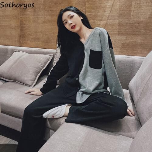 Women Patchwork Pajama Sets V-neck Single Breasted Tops Comfort Pants Slouchy Teenagers Ulzzang Lounge Sleepwear Females Popular