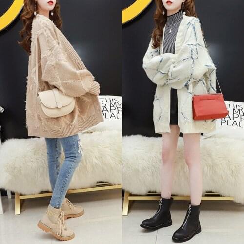 Womens sweater coat striped solid color mid-length thick loose knitted cardigan lazy knitted cardigan 2021 women