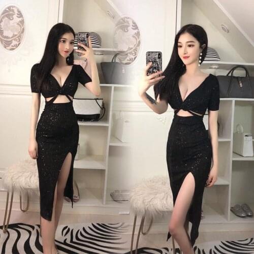 2021 Summer Sexy Midi Dress Elegant Bandage Short Sleeve Club Black Hollow V-neck Split Party Bodycon Dresses for Women Y719