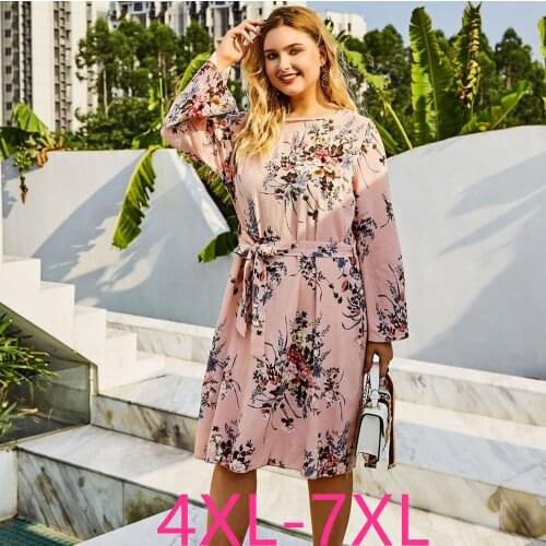 New spring autumn plus size party dress for women loose casual large O neck print flower dresses belt pink 4XL 5XL 6XL 7XL