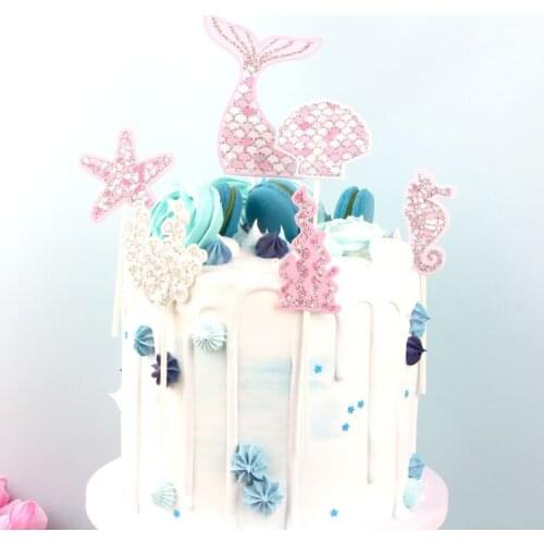 1Set Mermaid Party Happy Birthday Cake Topper Cupcake Toppers Girl Baby Shower Little Mermaid Theme Birthday Party Decorations