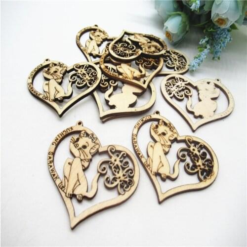 10/20pcs 52mm Natural Heart shaped carved cat alphabet Pattern wood Art Collection Craft Handmade for Home decoration diy