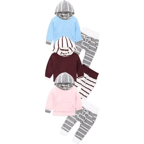 Spring Autumn Toddler Infant Boys Girls Unisex Outfits Newborn Baby Hoodies Sweatwear Clothes Cotton Striped Patchwork Sets 2Pcs