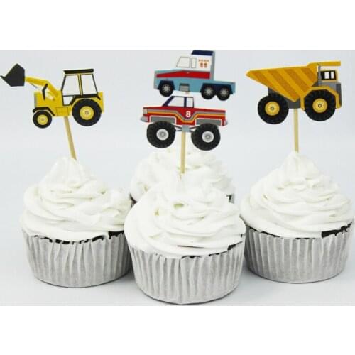 24pcs Cartoon Cars Cupcake Toppers Picks Birthday Boy Elephant Theme Party Decoration Kids Favors Christmas Cake Topper