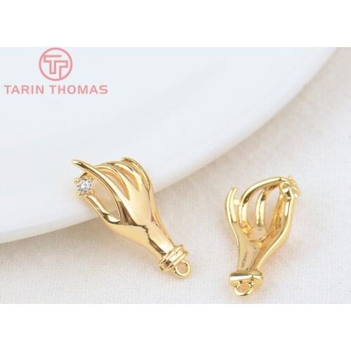 6PCS 19x9MM Hole 1MM 24K Gold Color Brass with Zircon Hand Pendants Charms High Quality Diy Jewelry Findings Accessories