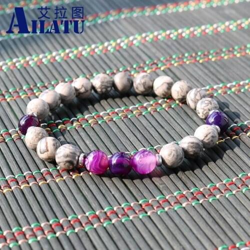 Ailatu New Arrival Beads Bracelet Jewelry Made of 8mm Grey Picture Stone and Purple Striple Onyx Beads