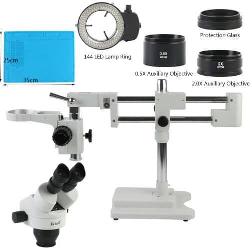 3.5x-90x Zoom Binocular Stereo Microscope Industrial Lab Stand Holder Bracket Universal Double Boom+ 0.5X 2.0X Lens +144 LED