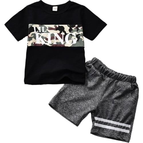 1-5Y Summer Kids Boys Casual Clothes Sets Letter Camouflage Print Short Sleeve T Shirts Tops+Shorts 2pcs