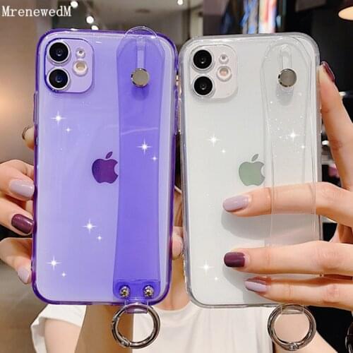 Fashion Wristband Holder Glitter Phone Case For iPhone 11 12 Pro Xr Xs Max 12Mini SE2 7 8 Plus Candy Transparent Cover with Ring