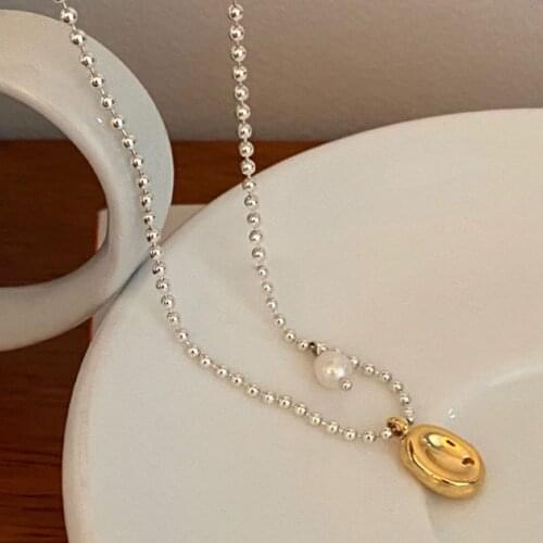 Origin Summer korean asymmetric Oval Bean pendant necklace for women girls gold color beaded Imitation Pearl necklace jewelry