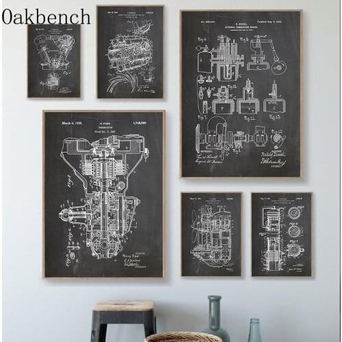 Engine Patent Canvas Painting Vintage Poster Motor Car Parts Wall Art Print Abstract Posters Blueprint Wall Pictures Home Decor