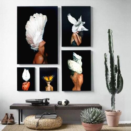 Birds Butterfly Feather Women Posters And Prints Canvas Painting Wall Pictures For Living Room Abstract Decorative Home Decor
