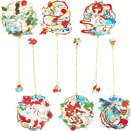 Retro Chinese Carving Style Metal Bookmarks Hollow Animal Pendant Bookclip Pagination Mark Kids Stationery Gifts School Supplies