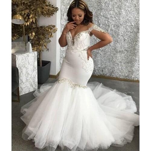 2020 Plus Size Arabic Aso Ebi Lace Crystals Mermaid Wedding Dresses Cheap Sexy Bridal Dresses Elegant Wedding Gowns