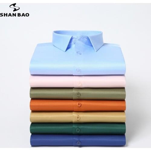 SHAN BAO 2021 spring and summer classic style mens solid color long-sleeved shirt imitation silk stretch slim brand shirt