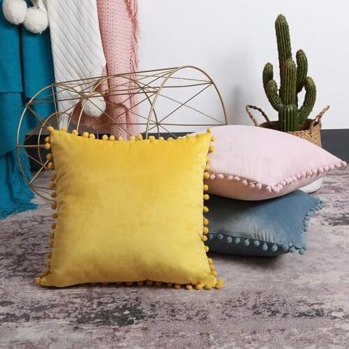 Green Blue Gray Pink Solid Velvet Decorative Pillowcase Soft Velvet Cushion Cover with Pompon Sofa Pillowcase with Pillow Core