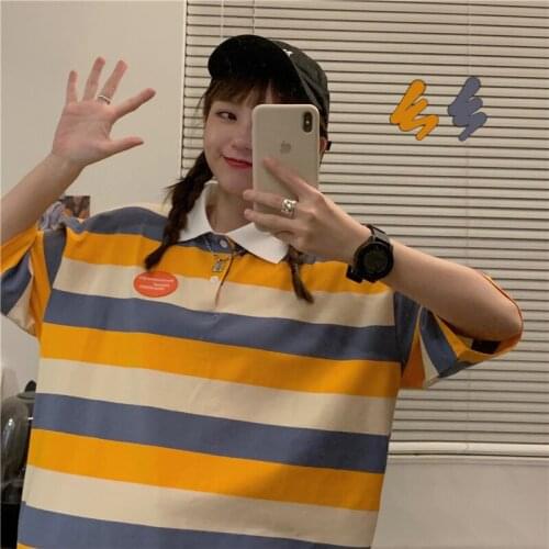 2021 Summer Color Matching Striped Polo Collar T-Shirt Female Youth Colorful Vitality Korean Style Harajuku Style Student Wear
