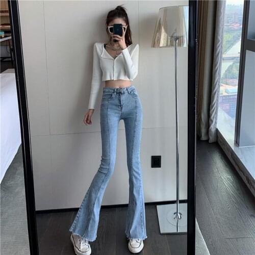 Womens Trumpet Jeans New Casual Flared Denim Long Pants For Women High Waist Slim Fishtail Trousers Streetwear