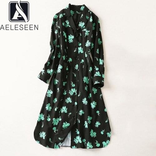 AELESEEN Runway Fashion Autumn Winter Dress Women Turn-Down Collar Green Flower Print Elegant Vintage Long Dress