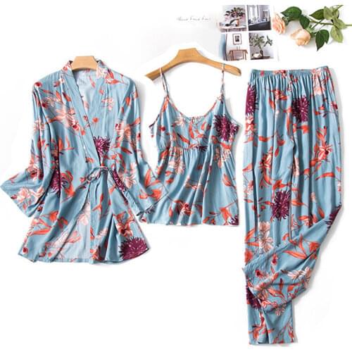 Korea Elegance Floral Cotton Pajamas Sets Women Three-Piece Suit Casual Floral Robes + Cami + Pants Sleepwear Women Pyjamas Sets