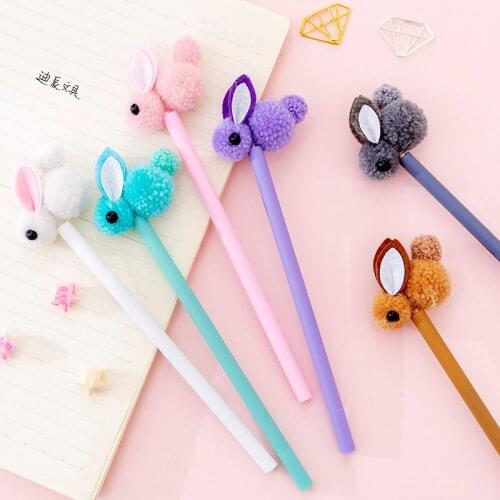 12 Pcs Creative Plush Ears Rabbit Gel Pen Ins Girl Heart Cute Rabbit Signature Pen Student Office Stationery Supplies Gift