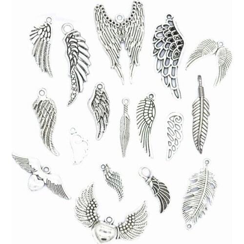 17pcs/set Assorted Tibetan silver Angle Wing Charm Alloy Mixed Feather Charm Pendant for DIY Necklace Bracelet Jewelry Findings
