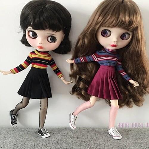2Pcs/set Dolls Blyth Clothes Outfits( T-shirt+Pleated Skirt+Socks) for blyth Hat Doll Accessories (fit blyth,ob24,1/6 doll)