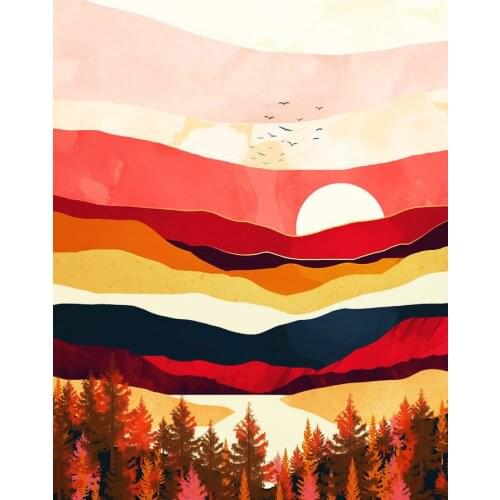 Wild Gooses Sunset Abstract Canvas Painting Dark Red Yellow Black Mountains Red Brown Leaves Forest Prints Wall Art Decor Home