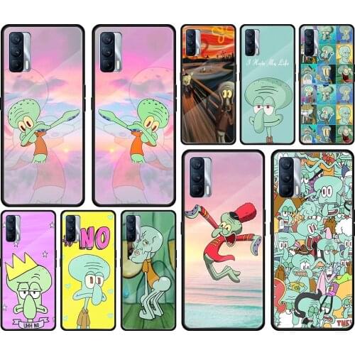 Cartoon Squidward Tentacles Tempered Glass Cover For Realme 7 7i XT C3 6 5 Pro for OPPO A9 2020 A52 Find X2 Lite Phone Case