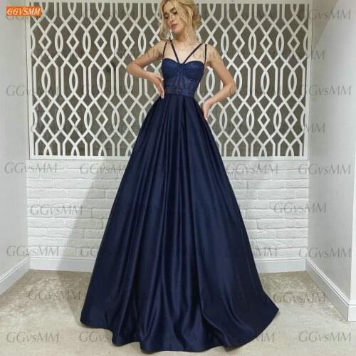 Fashion Dark Royal Blue Evening Gowns Long 2021 vestidos de fiesta de noche Satin A Line Formal Dresses Women Party abendkleider