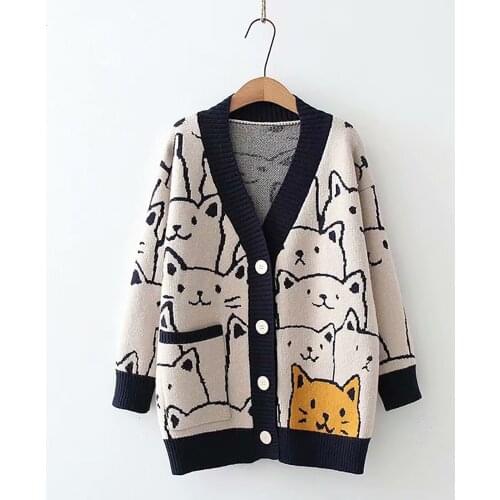 Harajuku Kawaii Cartoon V Neck Cardigan Women Cute Cat Vintage Knitted Sweater Female Retro Fashion Long Sleeve Knitwear Coat