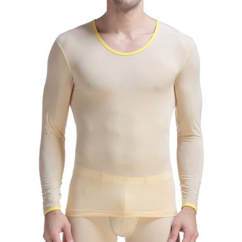 Man Undershirts Long Sleeve Ice Silk Sheer T Shirts Fitness Transparent Tops Top Ultra-thin Sleepwear Camiseta Hombre Interior