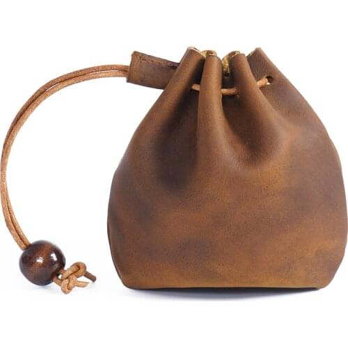 Moterm Original Handmade Genuine Leather Unisex Coin Purse Cow Leather Coins Money Pocket Retro Wallet Drawstring Storage Bag