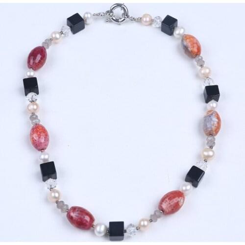 White and pink freshwater pearl necklace with black gagte transparent crystal women choker necklace as girl birthday gifts