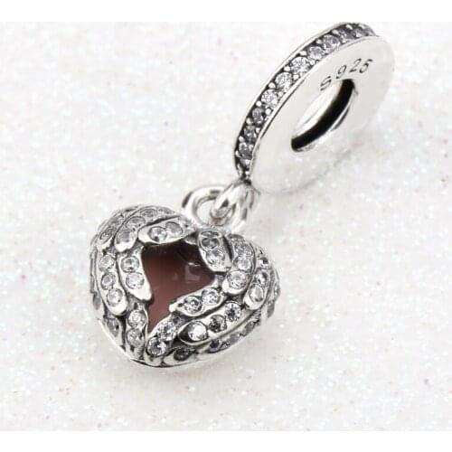 Fits Original Bracelets Angel Wings Dangle Charms 925 Sterling Silver Clear CZ Pink Enamel Heart Charm Jewelry