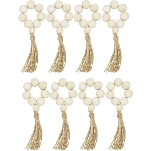 Napkin Holder Farmhouse Beaded Wooden Napkin Ring With Tassel Housewarming Gift Tablecloth Wedding Party Decoration 8Pcs-ABUX