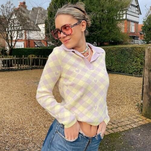 Plaid Casual Cropped Knitted Sweater Women Kawaii Y2K Autumn Long Sleeve Jumpers Pullover Korean Fashion Cute Tops