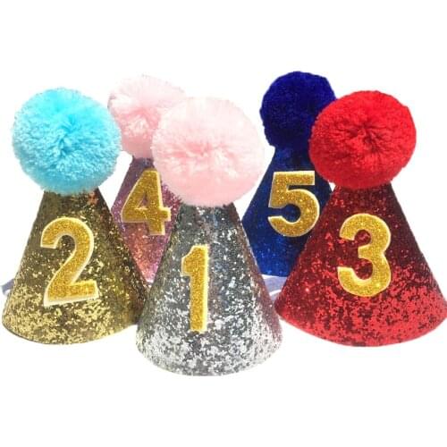 Rose Gold Glitter Baby Birthday Hats With Pompom Princess Crown Hat Number 0-8 Year Baby Shower Party Decor Newborn Headband