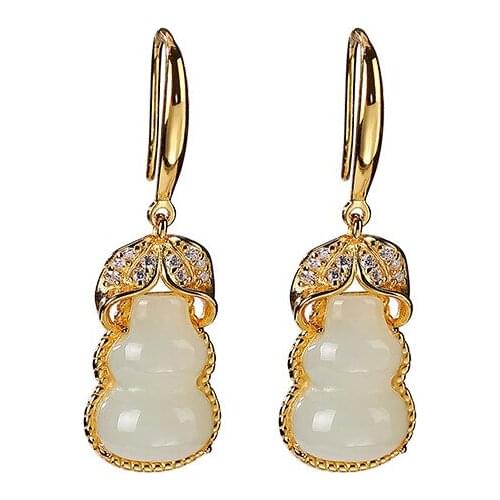 925 sterling silver gold plated natural Hetian jade earrings retro personality gourd earring pendant for ladies ear hooks