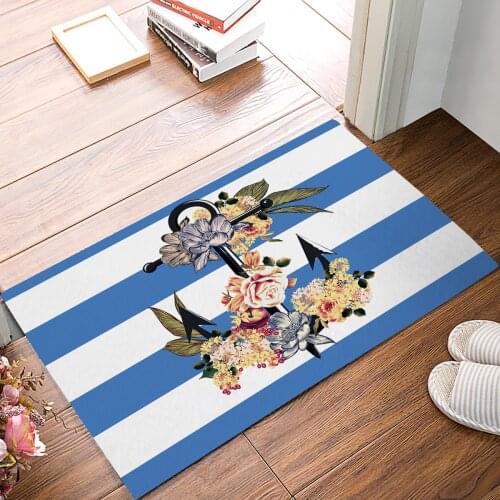 Blue And White Stripe Flower Anchor Door Mats Kitchen Floor Bath Entrance Rug Mat Absorbent Indoor Bathroom Rubber Non Slip