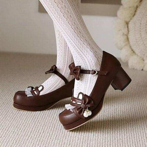 COOLULU Mary Janes Shoes Women Platform High Heels Buckle Chunky Heel Pumps Bow Round Toe Female Footwear Cosplay Spring Size 48