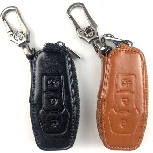 Genuine PU Leather Remote Key Bag Case Protector Keyless Clicker Smart Fob Cover Holder Chain Fit For Ford Series