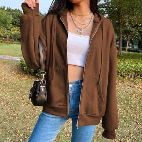 90s Aesthetic Zip Up Jacket Cotton Sweatshirts Vintage Long Sleeve Shirt Pocket Brown Hoodie Y2k Baggy Hoodies Women Fashion Top