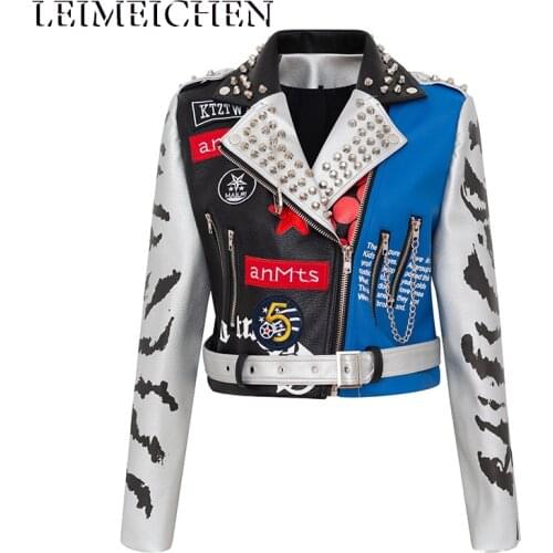 LEIMEICHEN Women Rivet Beading PU Leather Jacket New Fashion Streetwear Chains Beading Faux Leather Jacket Graffiti Moto Outwear
