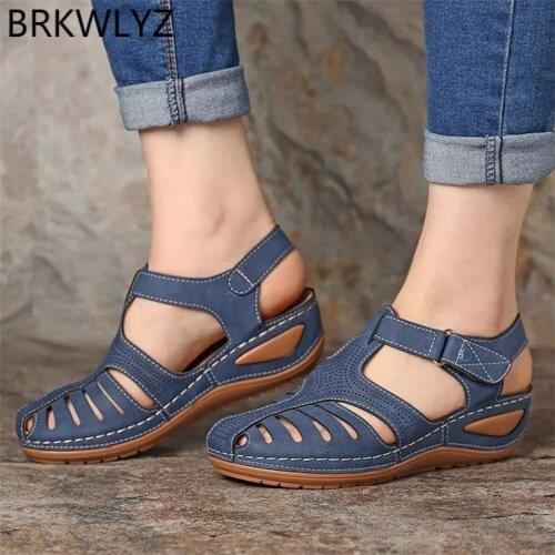 Womens Sandals Summer Ladies Girls Leather Vintage Sandals Buckle Casual Sewing Women Shoes Solid Female Ladies Platform Shoes