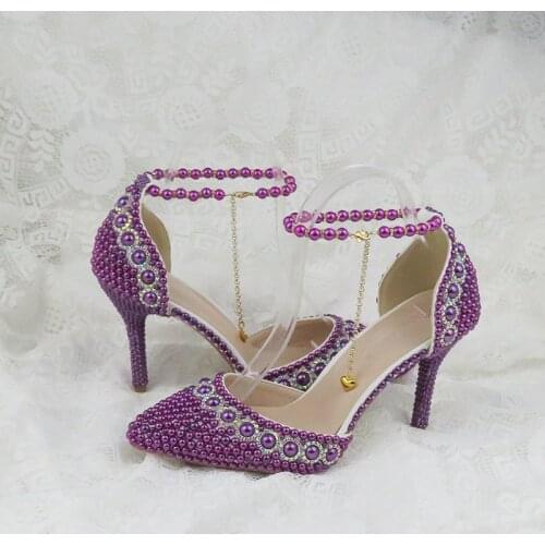 Summer Pointed Toe Women wedding Sandals Ankle strap Buckle shoes Purple Pearl shoe and bag set Party dress shoe Lace-Up Chain