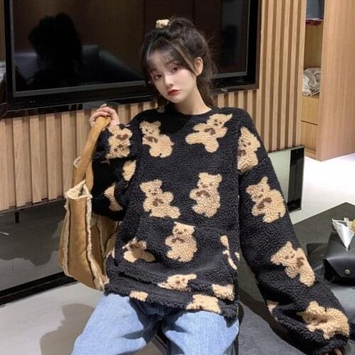 Pullover Long Sleeved Hoodies Female Student Tide 2021 Korean Version of The Ins Spring New Loose Thickening Bear Lamb Wool